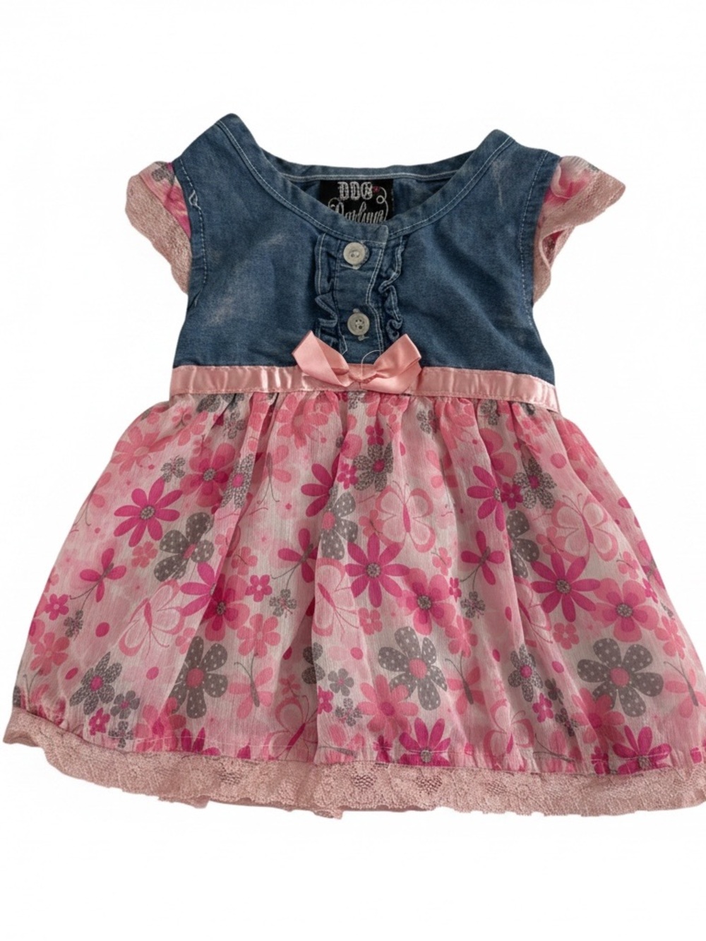 DDG Darlings Pink and Blue Floral Dress with Satin Bow - 18 month